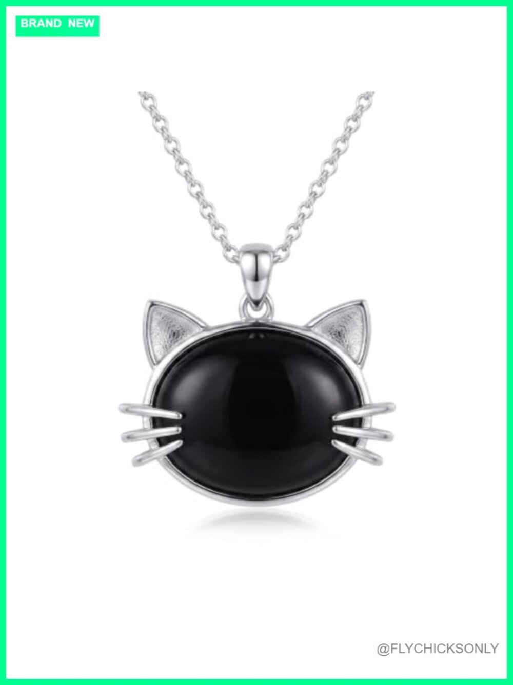 925 Sterling Silver Black Onyx Cat Head Pendant Necklace 18 in Cable Chain Gift